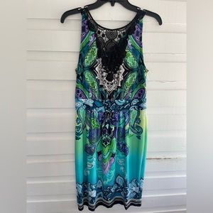New Directions Sleeveless Crochet Back Dress Teal Lime Black Size PM